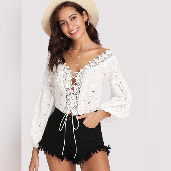 SHEIN Tops - NWOT Lace Trim Plunge Neck Eyelet Embroidered Bodysuit Shein White Size Small
